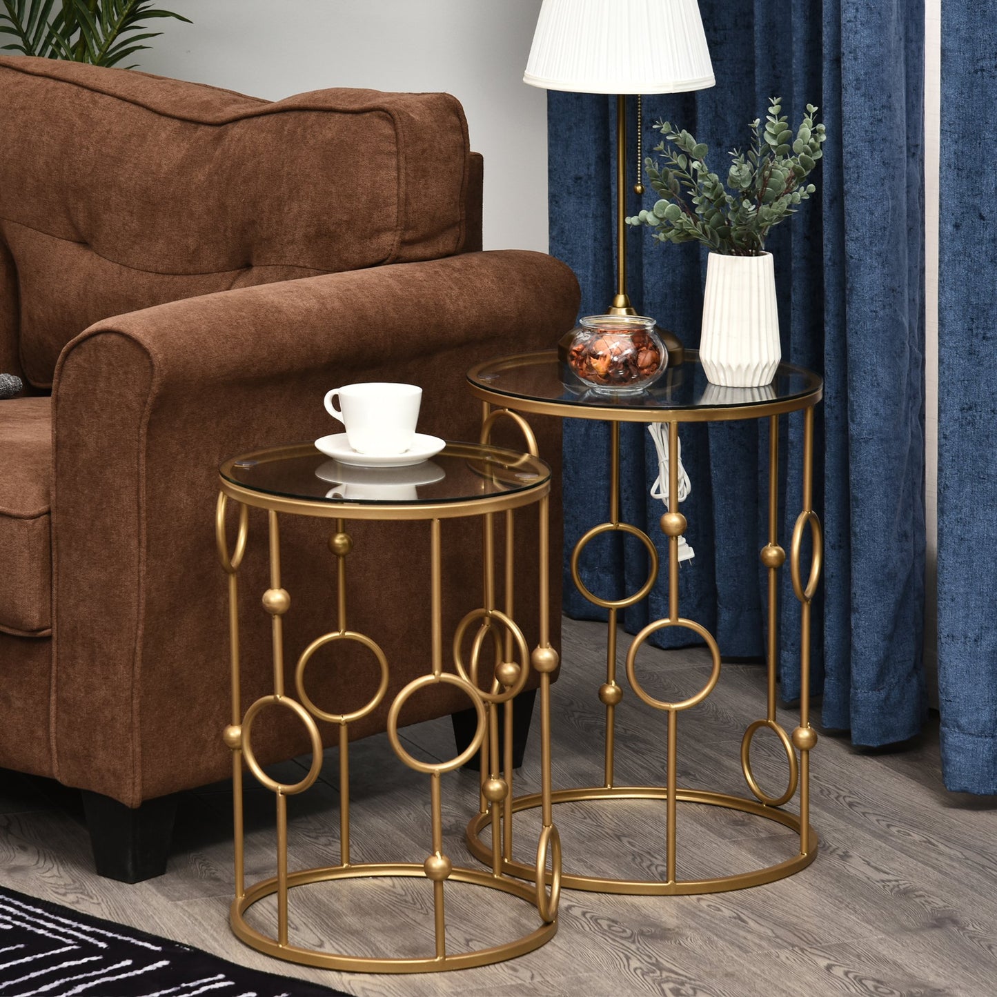 HOMCOM Round Coffee Tables Set of 2, Gold Nesting Side End Tables with