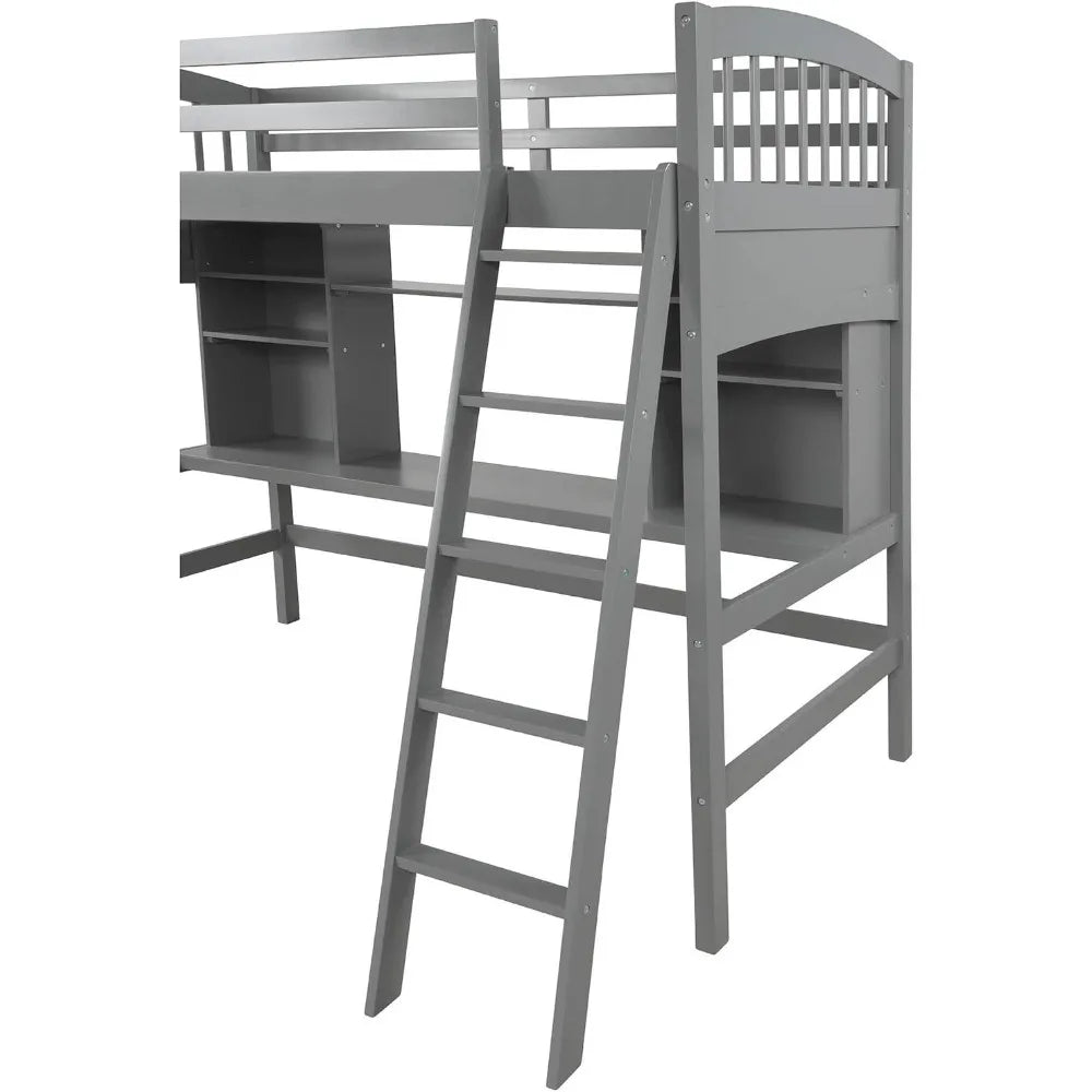 Children Bed, Twin Loft Bed with Desk, Solid Wood Twin Size Loft Bed Frame with Shelves, Children Bed