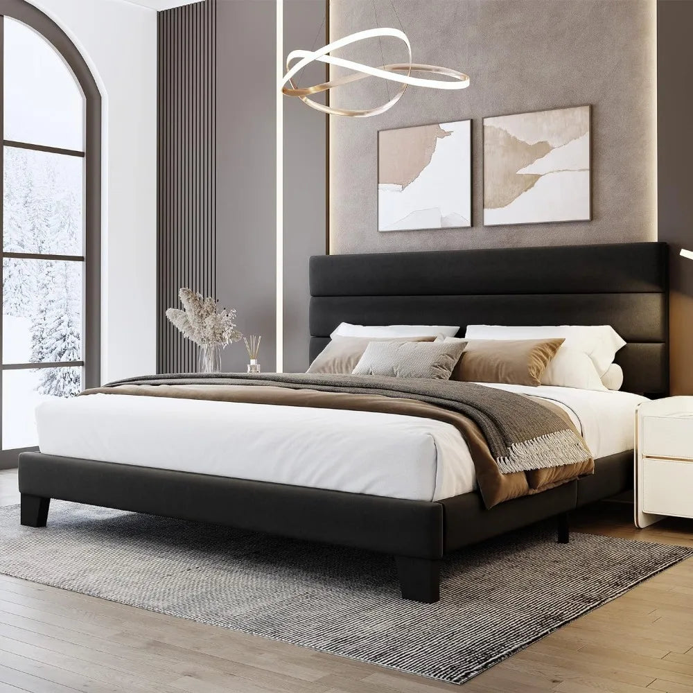 King Bed Frame Platform Bed with Velvet Upholstered Headboard and Wooden Slats Support, Heavy Duty Mattress Foundation