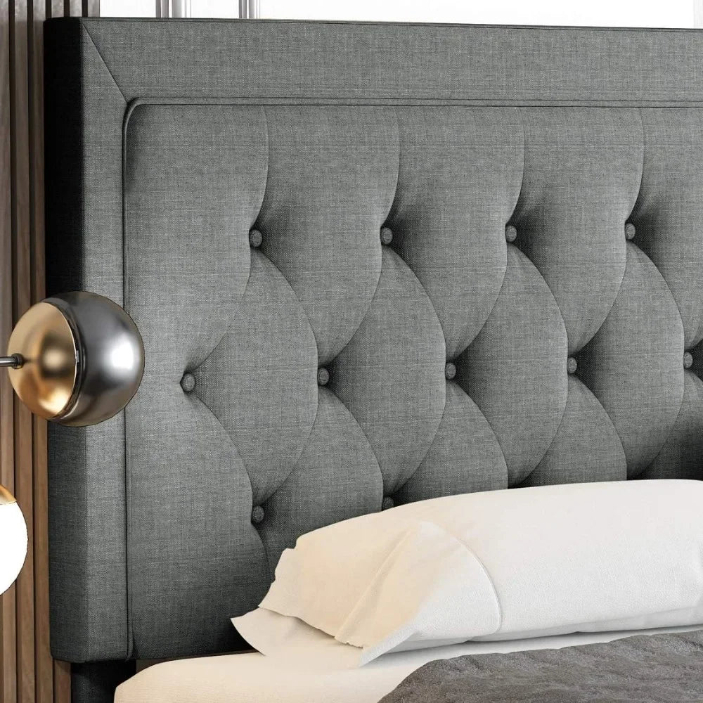 Bed frame, large buttons, tufted platform/fabric upholstery with adjustable headboard