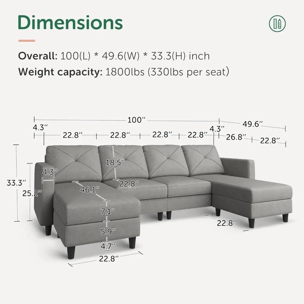 Convertible Sectional Sofa with Double Chaises for Living Room