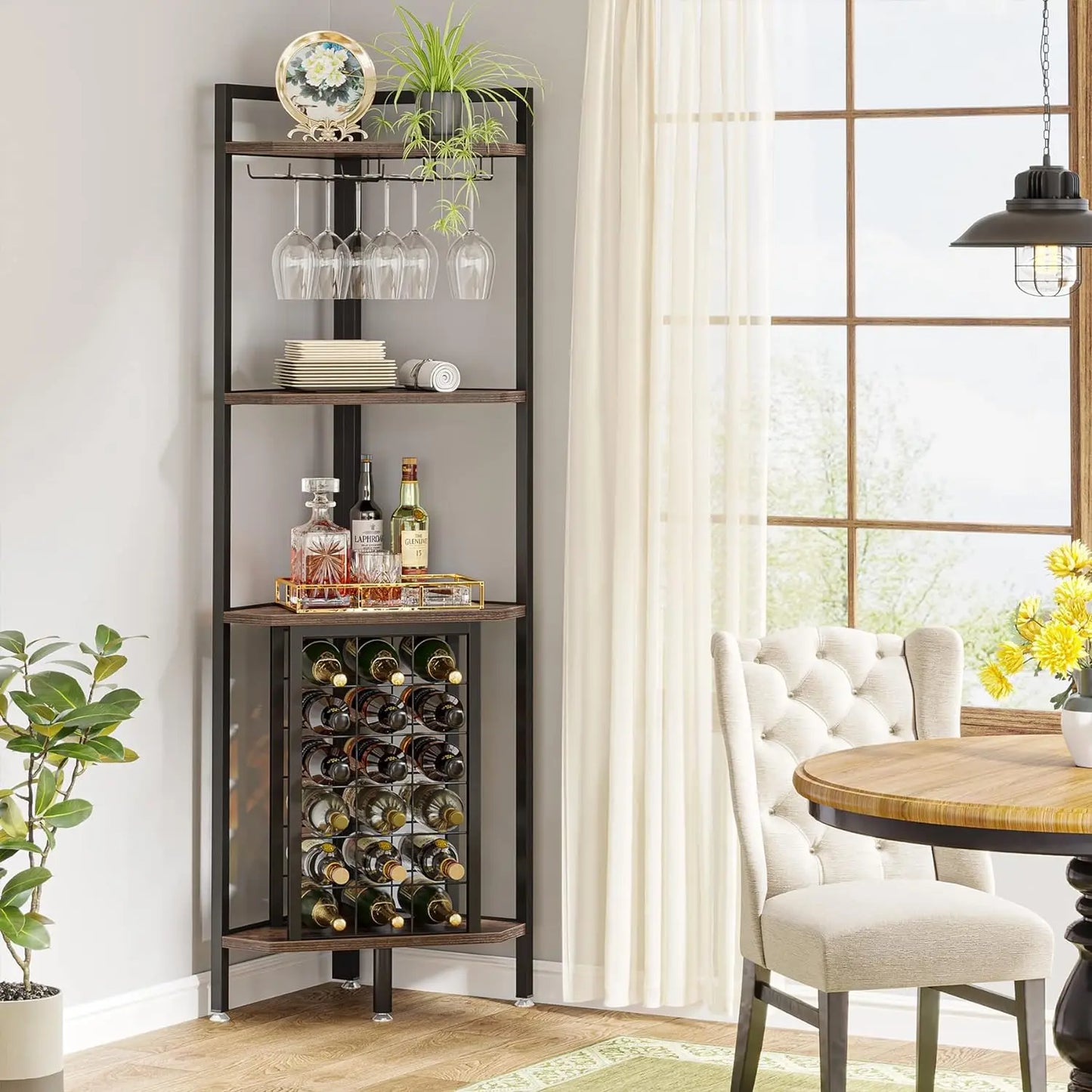 Corner Wine Rack with Glass Holder and Storage Shelves, 4 Tier Bar Corner Wine Cabinet, Industrial Wine Shelf for Living Room