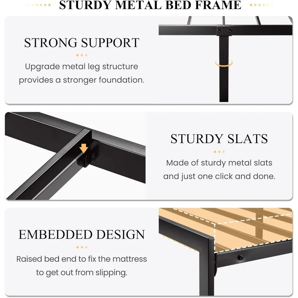 Twin Size Bed Frame with Upholstered Headboard, Platform Bed Frame with Metal Slats, Button Tufted Square Stitched Headboard