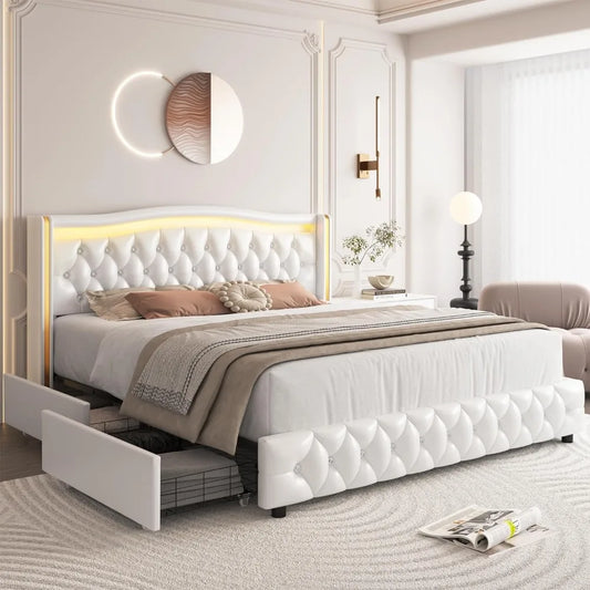 King Smart LED Platform Bed Frame with 4 Storage Drawers, Crystal Button-Tufted & Stainless Gold Trim Wingback Headboard，beds