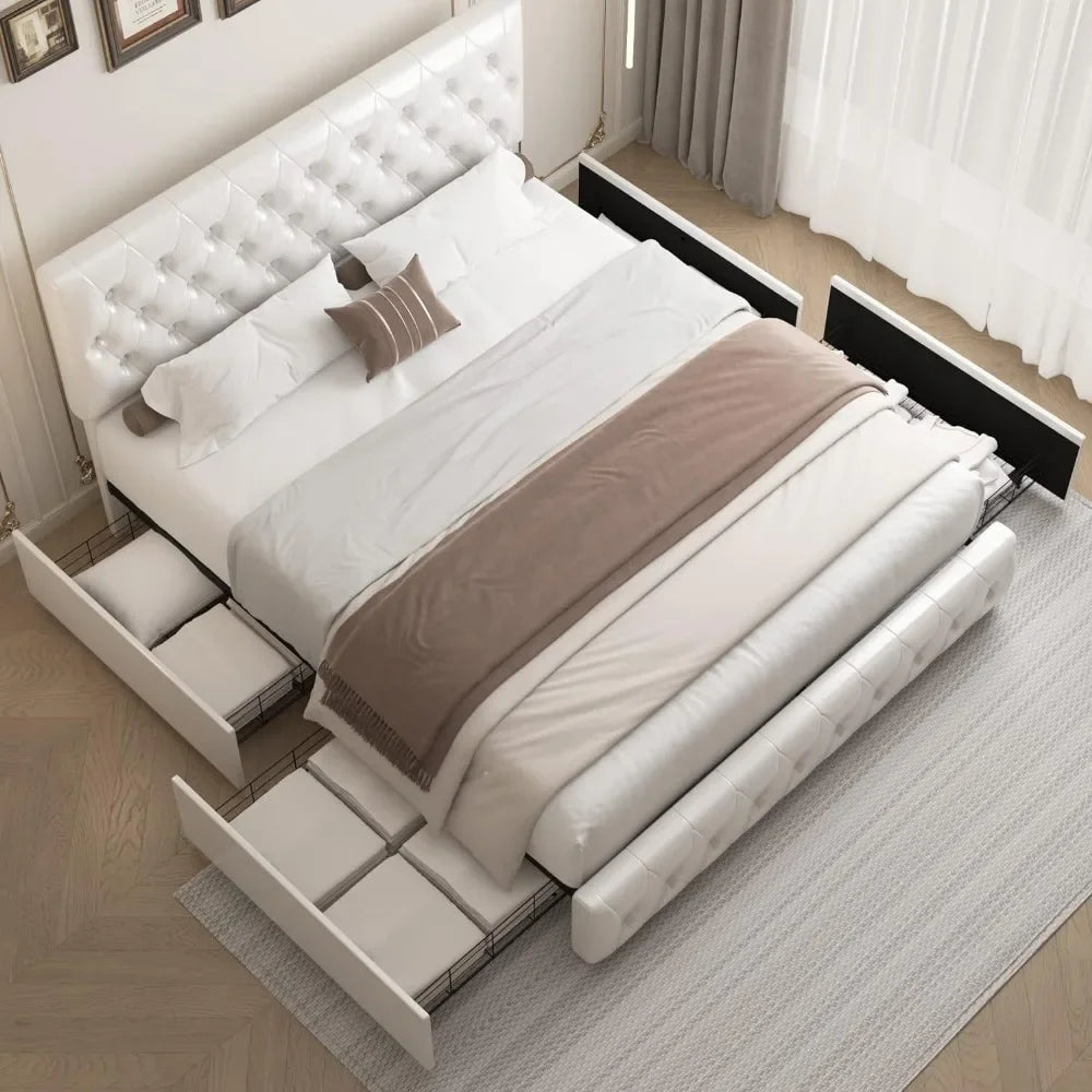 BedFrame,Queen BedFrame with Storage and Adjustable Headboard, with 4 Drawers and Wooden Slats Support,Easy To Assemble,BedFrame