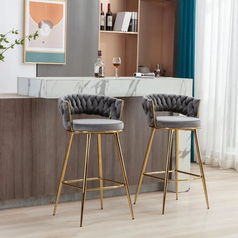 Gold Bar Stool Set of 2, Velvet Swivel Woven Barstools, Height Adjustable Counter Stools with Hollow Back, Upholstered Modern