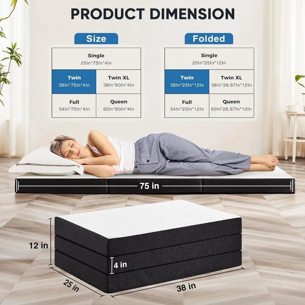 Tri-fold Memory Foam Mattress - 4 Inch Twin Size Portable Floor Bed, Foldable Mat for Kids and Adults, Collapsible and Wa