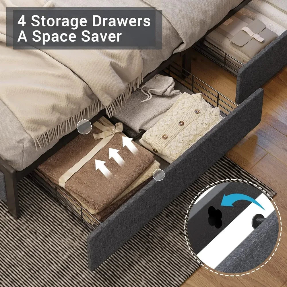 Queen Size Bed Frame, Padded Metal Bed Frame with USB Port and Charging Socket, LED Queen Size Bed Frame