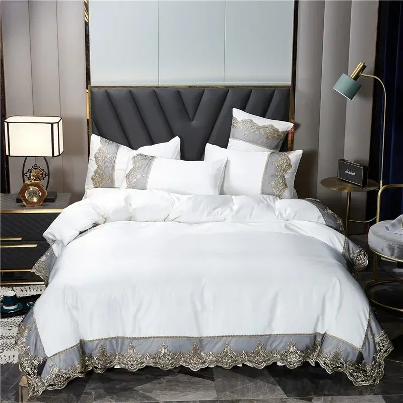 Princess style big lace side bed on four-piece set washed ice silk silk silk bed skirt white bedspread