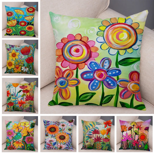 Nordic Watercolor Flower Pillowcase Soft Plush Decor Cartoon Floral Plant Cushion Cover for Sofa Home Children Room Pillow Case