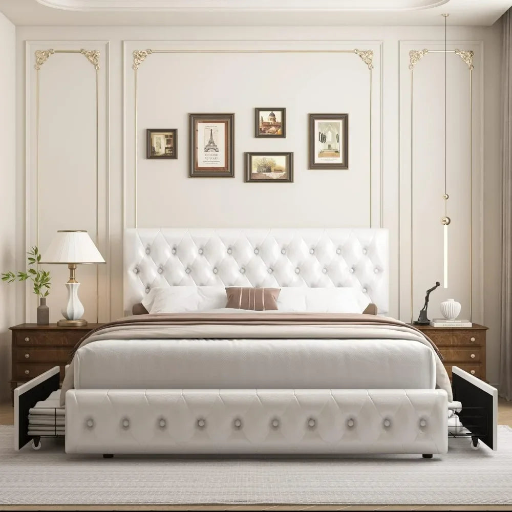 BedFrame,Queen BedFrame with Storage and Adjustable Headboard, with 4 Drawers and Wooden Slats Support,Easy To Assemble,BedFrame