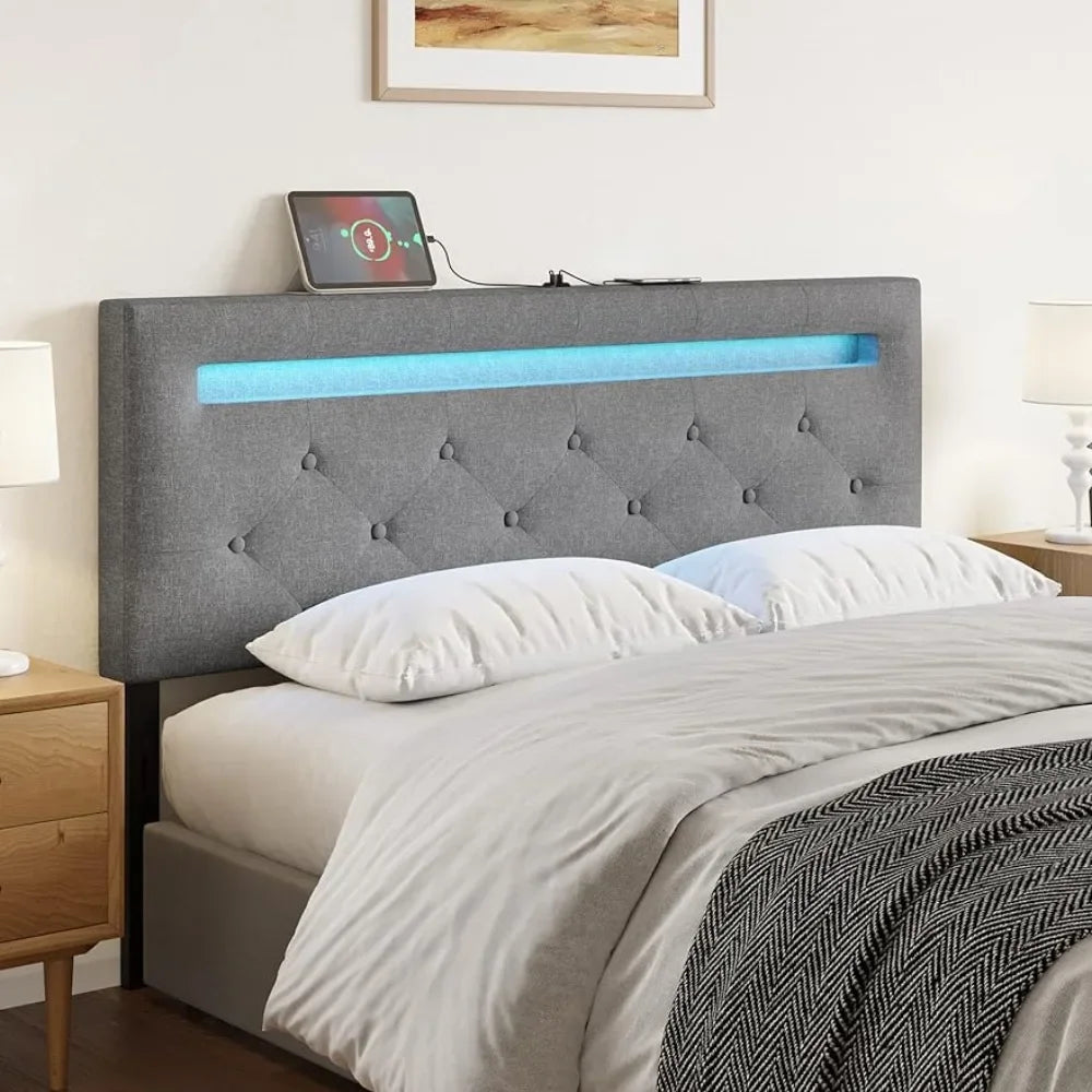 Headboard with LED light and USB post upholstery, height-adjustable Linen fabric upholstered headboard, bedroom modern, grey