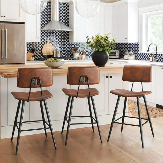 Bar stool 3-piece set, red brown faux leather padded bar stool