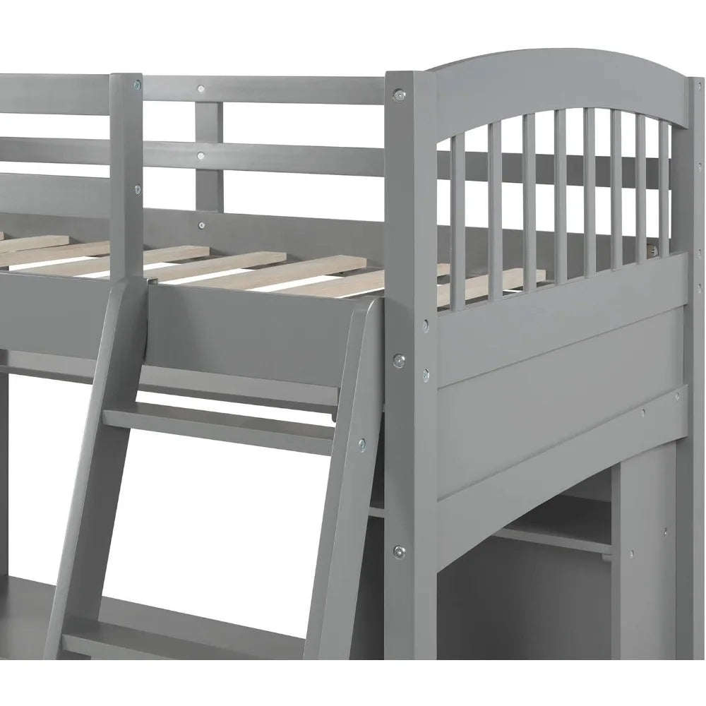 Children Bed, Twin Loft Bed with Desk, Solid Wood Twin Size Loft Bed Frame with Shelves, Children Bed