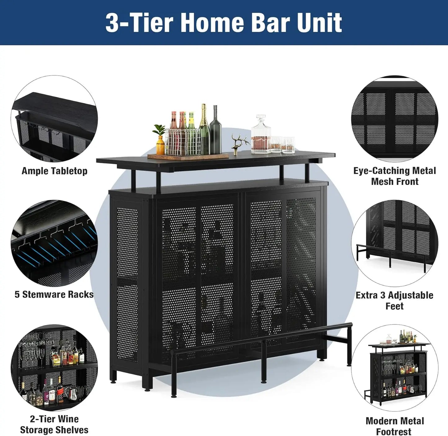 Home Bar Unit, 3 Tier Liquor Bar Table with Stemware Racks and Wine Storage Shelves, Wine Cabinet Mini Bar for Home Kitchen