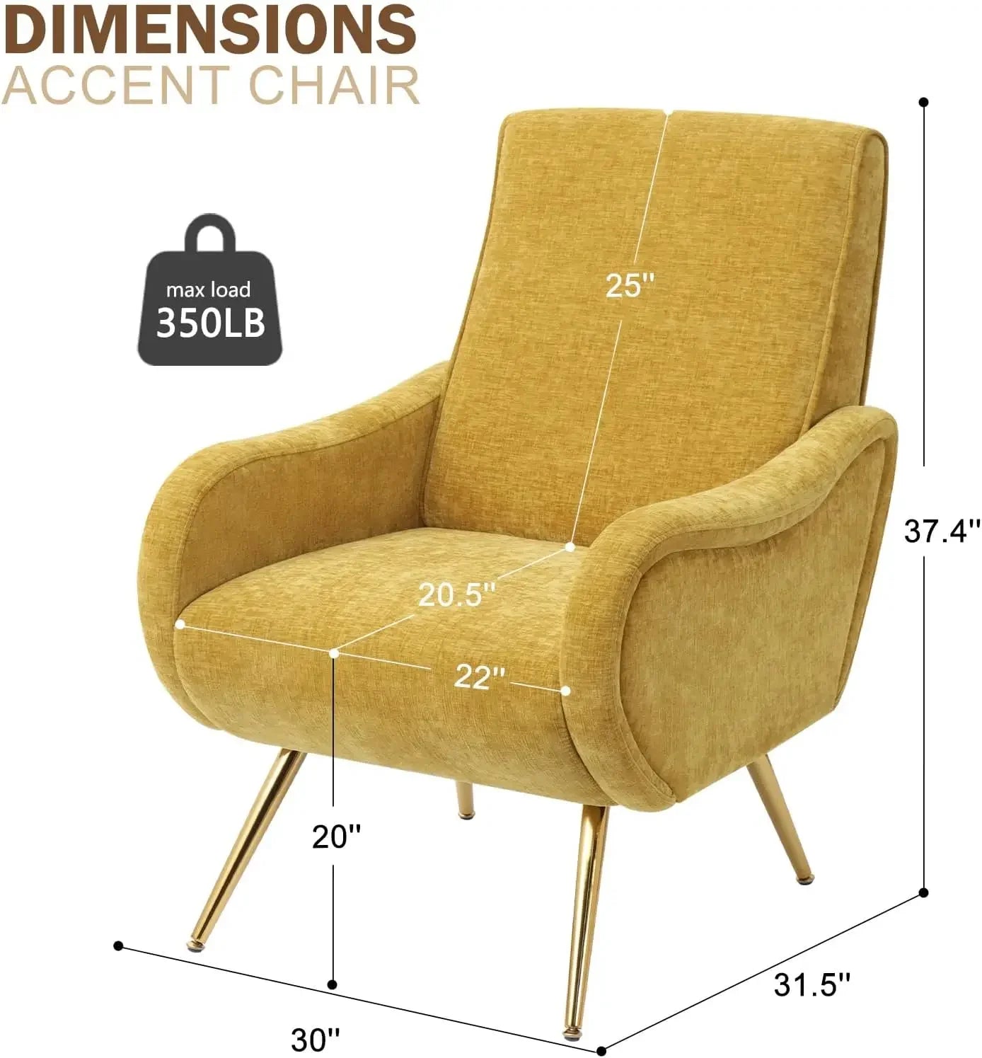 Upholstered Accent Chair, Chenille Armchair Living Room Chair with Thick Cushion&Golden Metal Legs, Comfy Reading Chair