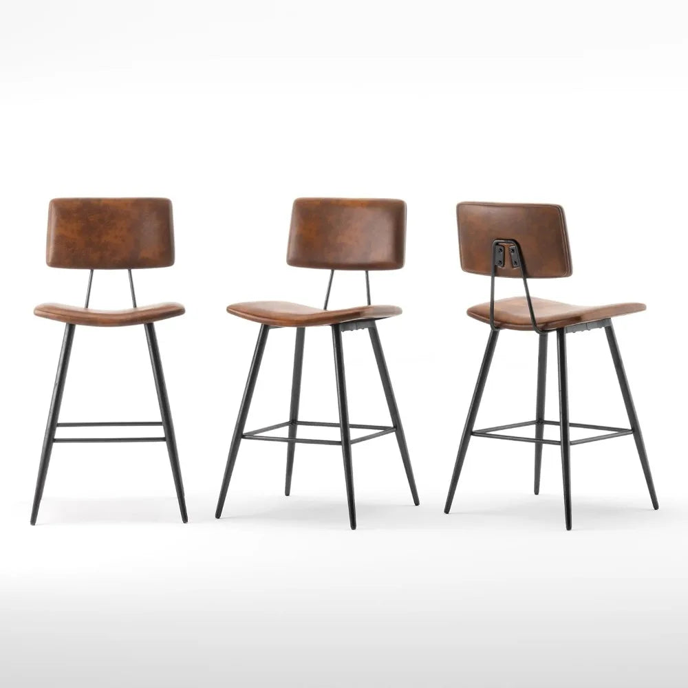 Bar stool 3-piece set, red brown faux leather padded bar stool