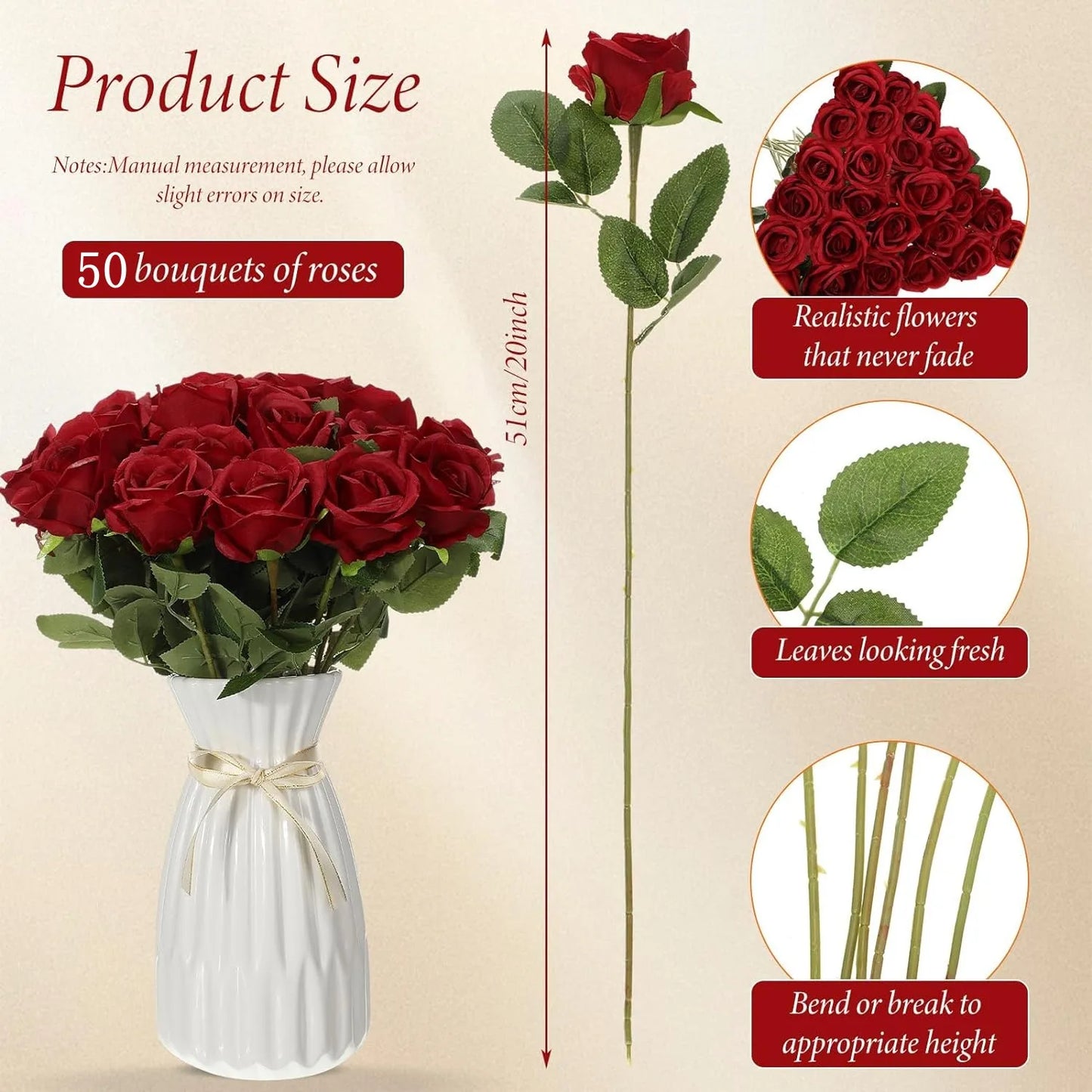 50 Pcs Velvet Rose Artificial Rose Flowers