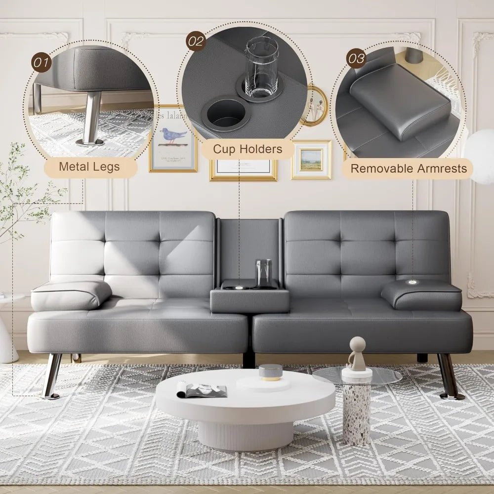 Convertible folding faux leather upholstered two-seater sofa with removable armrests