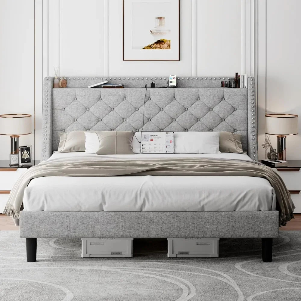 King Bed Frame with Luxury Wingback Upholstered Button Tufted Storage Headboard, King Platform Bed with Charging Station