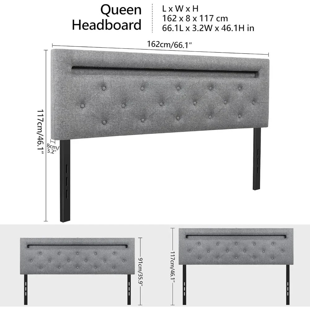 Headboard with LED light and USB post upholstery, height-adjustable Linen fabric upholstered headboard, bedroom modern, grey