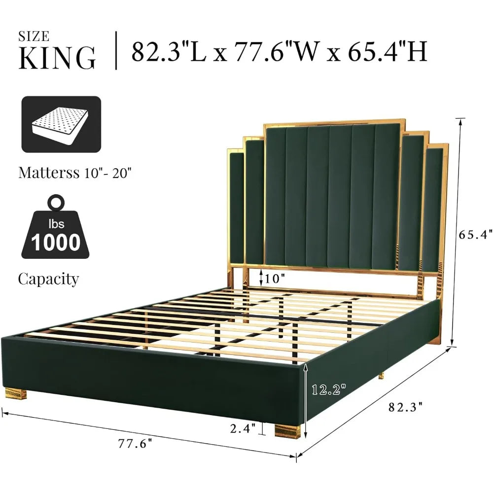 Velvet Upholstered Bed with Gold Accent Headboard, Wood Slats