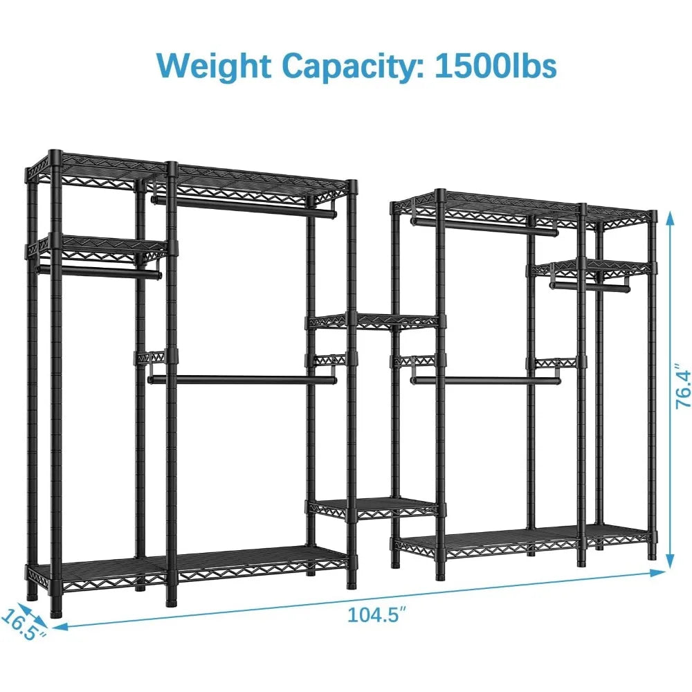 Heavy Duty Clothes Hanger Large Portable Closet with 6 Hanging Rods and 8 Shelves - Extra Wide - 104.5"L X 16.5"W X 76.4"H,Black