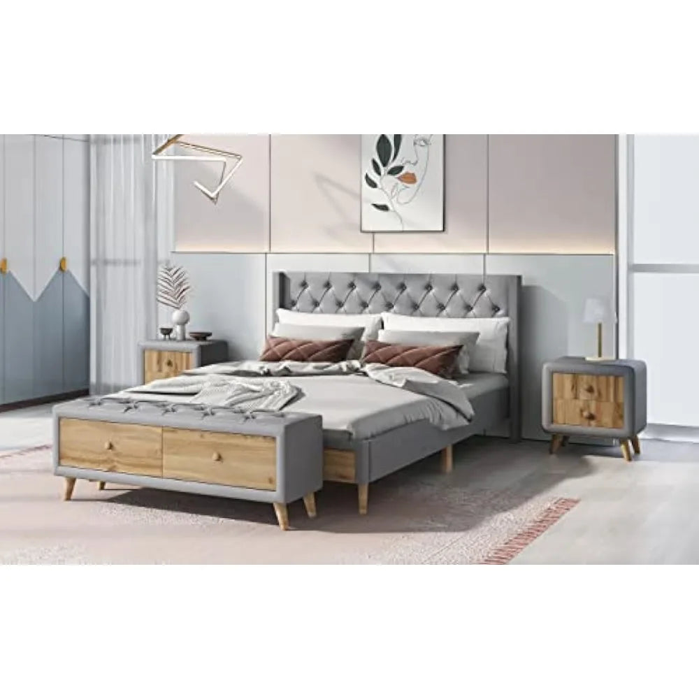 Designs Queen Size Upholstered Platform Bed with 2 Nightstands and 1 Storage Bench, 4 Pieces Bedroom Set, Wooden