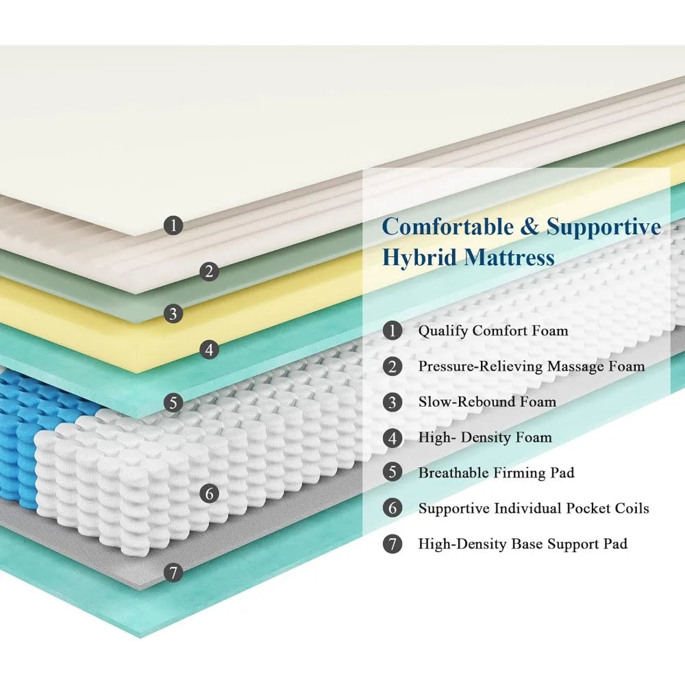 Queen Mattress 10 Inch, Hybrid Queen Bed Mattress with Individual Pocket Springs and Pressure-Relieving Memory Foam