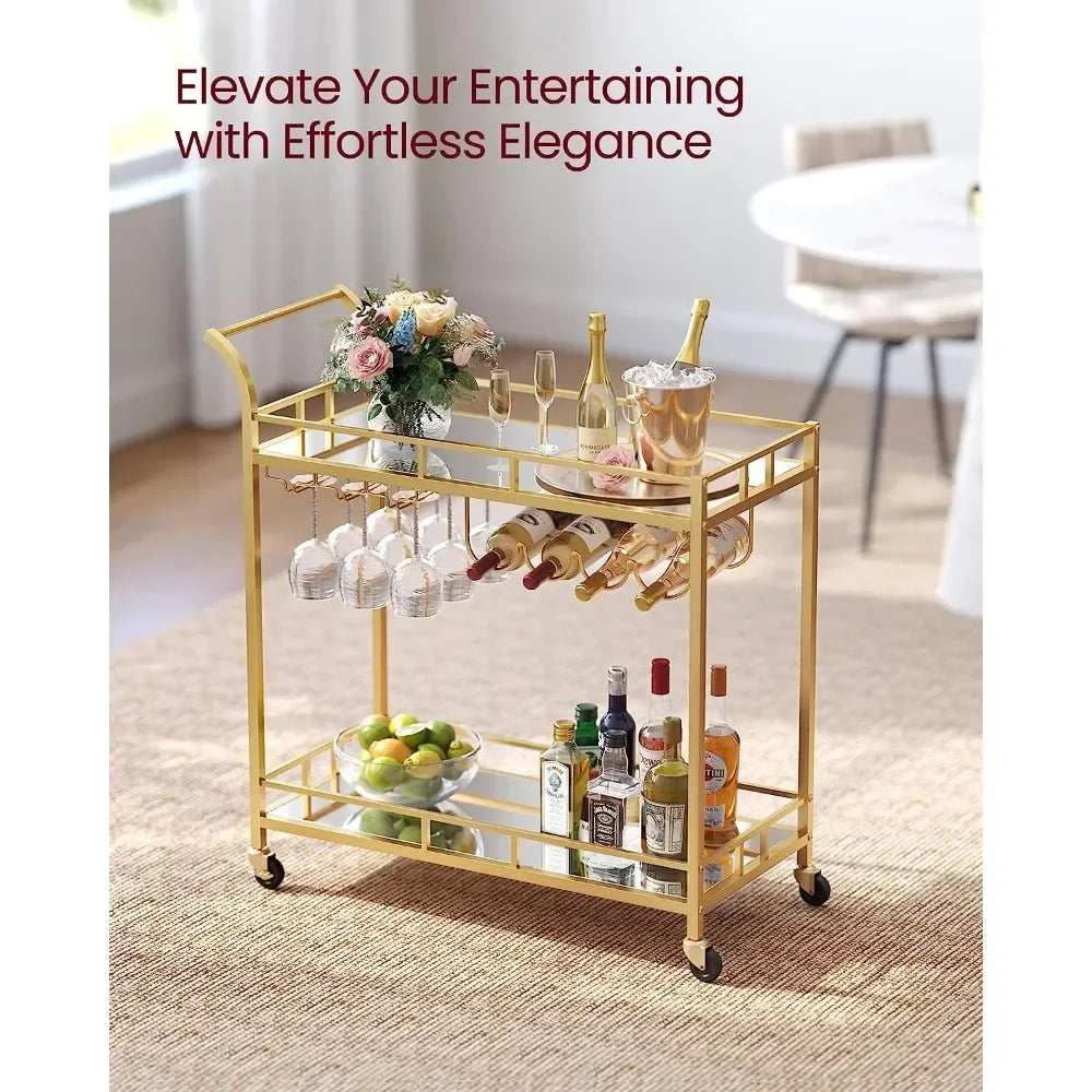 VASAGLE Bar Cart Gold, Home Bar Serving Cart, Wine Cart with 2 Mirrored Shelves, Wine Holders, Glass Holders, Gold ULRC090A03