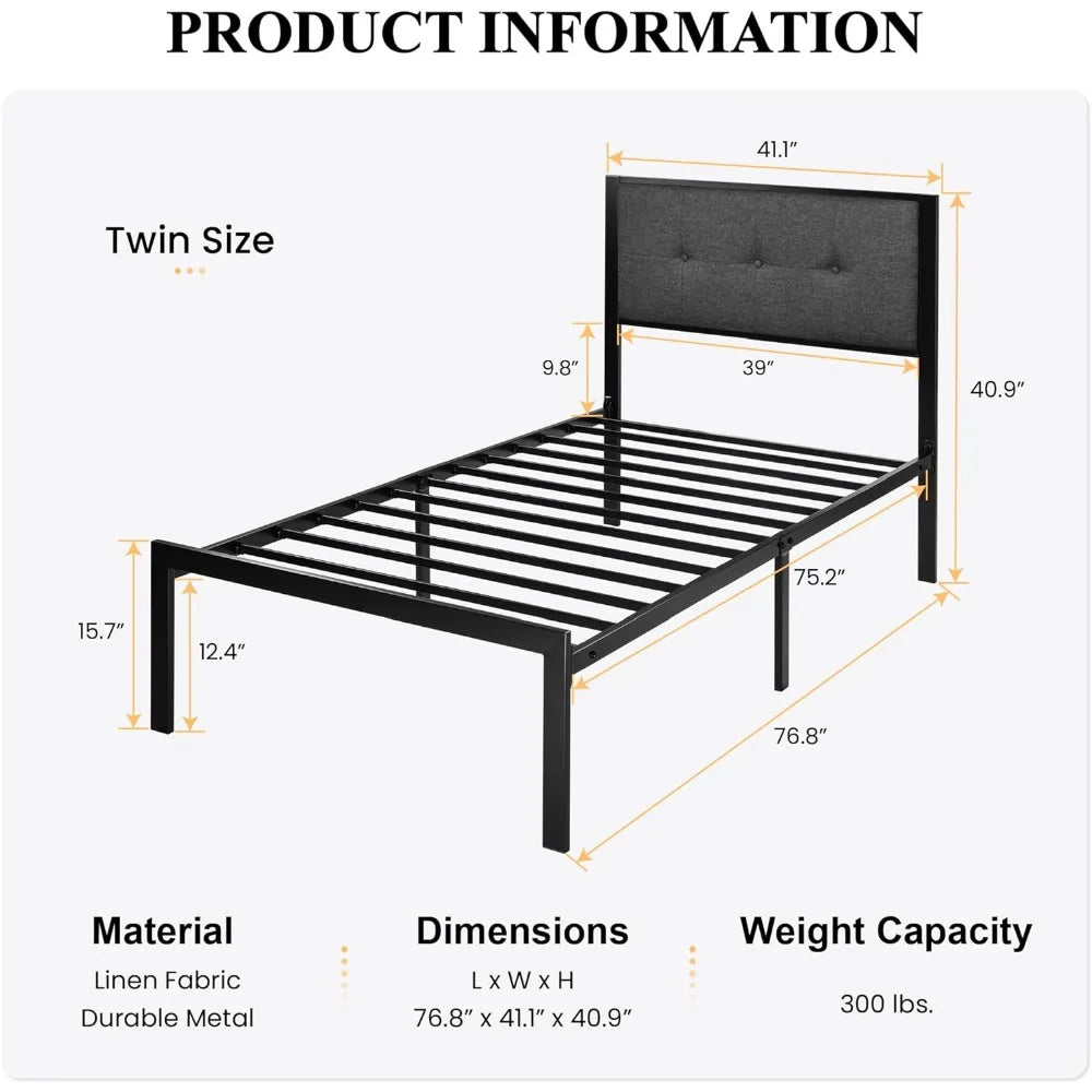 Twin Size Bed Frame with Upholstered Headboard, Platform Bed Frame with Metal Slats, Button Tufted Square Stitched Headboard