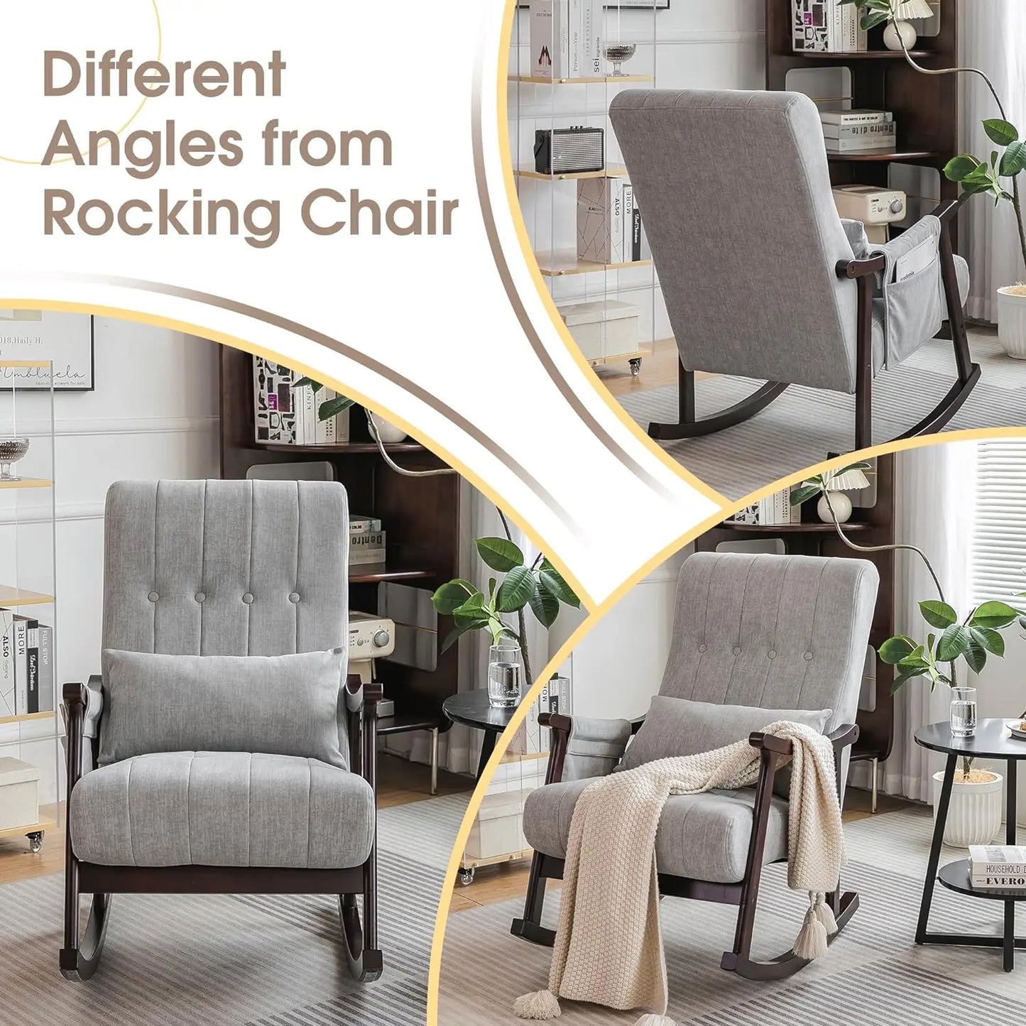 Upholstered Rocking Chair, Nursery Rocking Chair Indoor for Living Room, Modern Glider Rocker w/Pillow＆Side Pocket, High Back