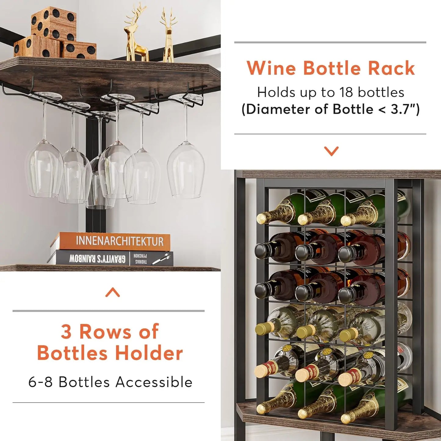 Corner Wine Rack with Glass Holder and Storage Shelves, 4 Tier Bar Corner Wine Cabinet, Industrial Wine Shelf for Living Room