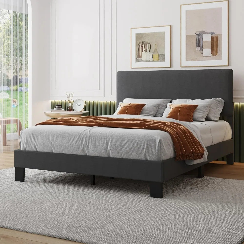 Upholstered Bed Frame with Wood Slats Support,No Box Spring Needed,Heavy Duty Feet,Easy Assembly,Dark Grey