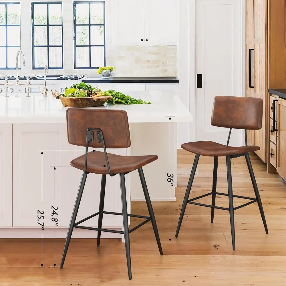 Bar stool 3-piece set, red brown faux leather padded bar stool