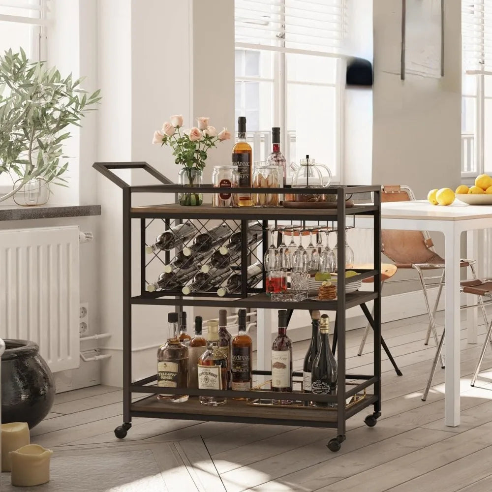 Rustic Rolling Serving Cart on Wheels for Liquor and Alcohol Kitchen Storage Trolley Furniture Cabinet Home