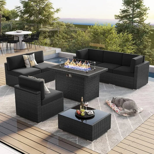 Furniture Set with 44" Propane Gas Fire Pit Table, Outdoor Sectional Conversation Set Wicker Rattan Sofa Set with Coffee Table