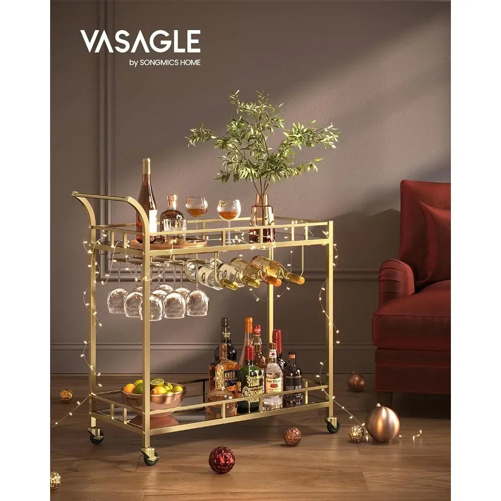 VASAGLE Bar Cart Gold, Home Bar Serving Cart, Wine Cart with 2 Mirrored Shelves, Wine Holders, Glass Holders, Gold ULRC090A03