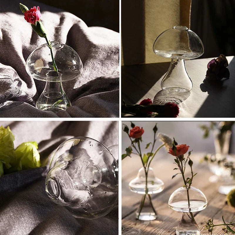 Mushroom Shaped Glass Vase For Plants Hydroponics Plant Vases Nordic Home Decoration Transparent Mini Flower Vase For Room Decor