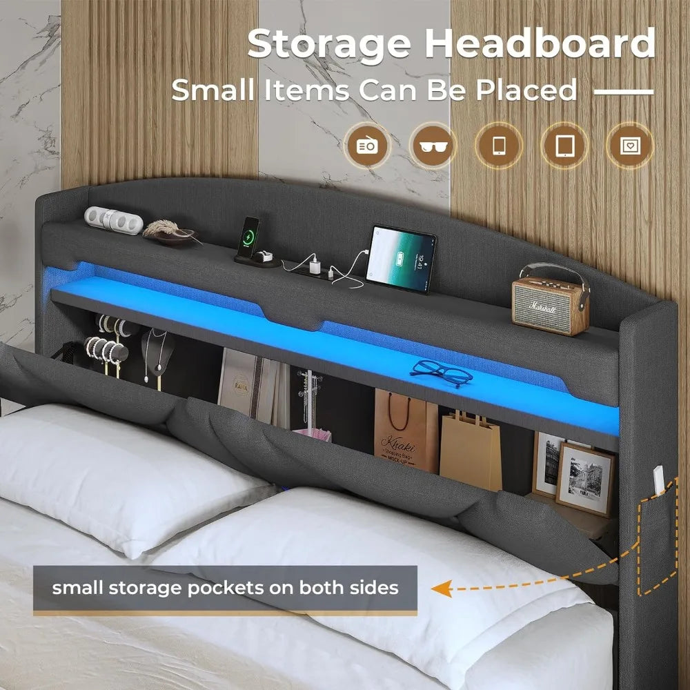 Floating Bed Frame King Size with USB-C/A Charging Station, LED Bed Frame with Storage Headboard