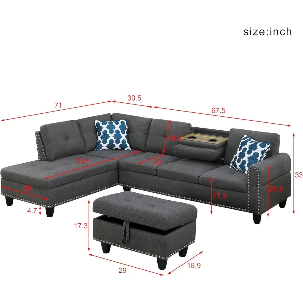 98" L-shaped living room sectional sofa with storage ottoman