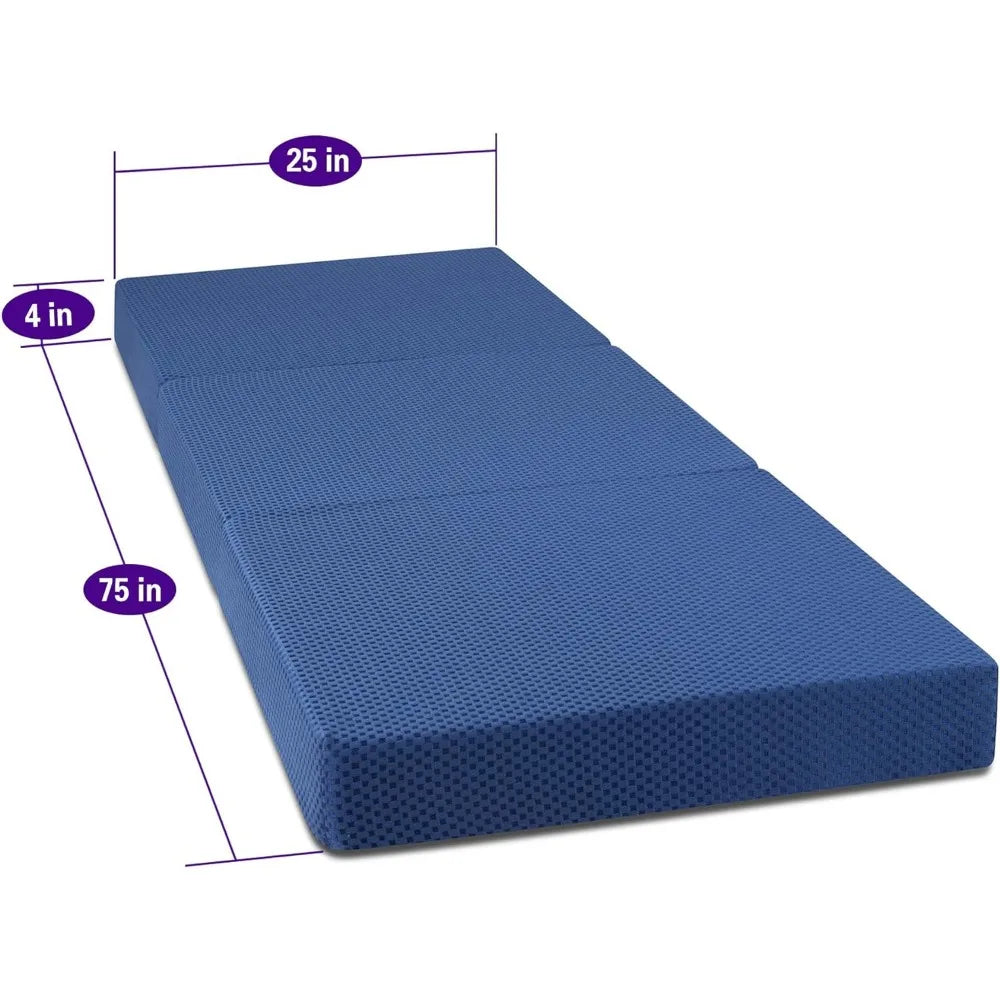 Tri-Folding Memory Foam Mattress Topper, 4 Inch Gel Folding Mattress, Foldable Guest Bed, Washable Cover, Soft, Blue, Twin Size