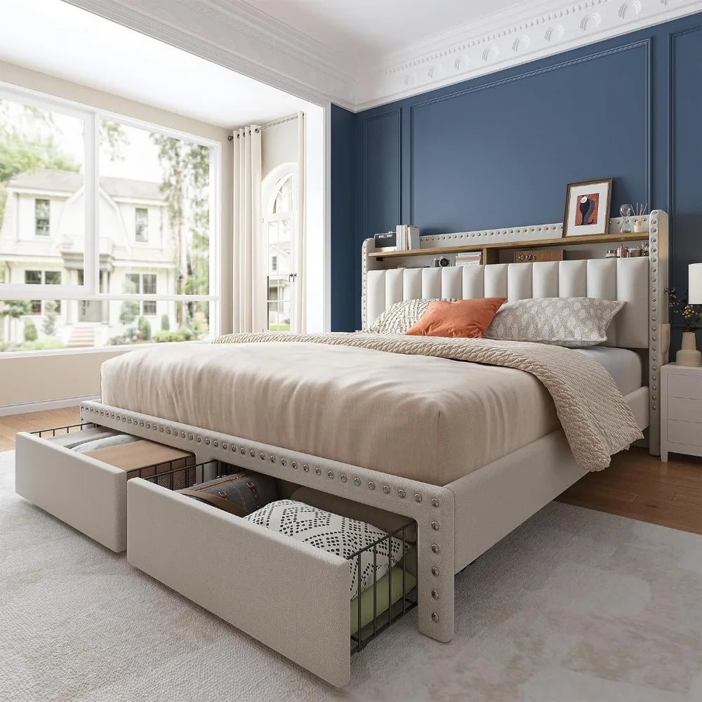 Queen Bed Frame with Headboard and Storage, Upholstered Queen Bed Frame with Storage, Grey Queen Size Bed Frame