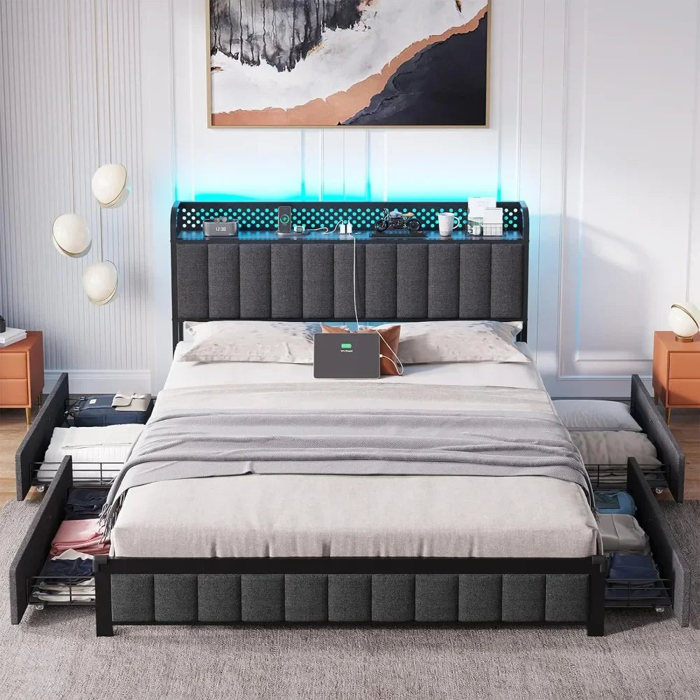 Queen Size Bed Frame, Padded Metal Bed Frame with USB Port and Charging Socket, LED Queen Size Bed Frame