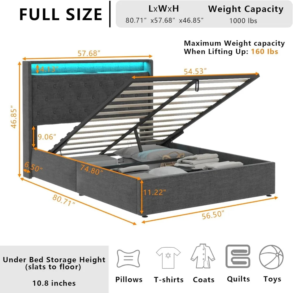 Full Lift Up Bed Frame with Charging Station & LED Lights, Upholstered Bed with Button Tufted Wingback Storage Headboard