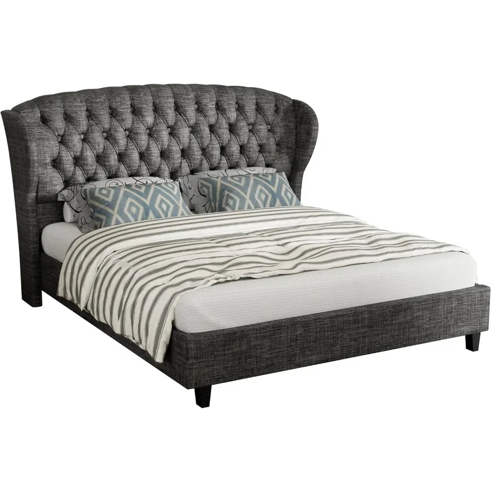 Bed Frame, Linen Curved Upholstered Bed, Headboard with Shell Wingback