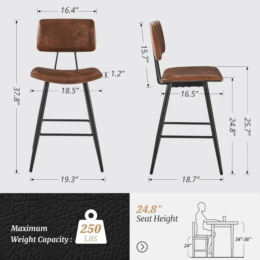 Bar stool 3-piece set, red brown faux leather padded bar stool