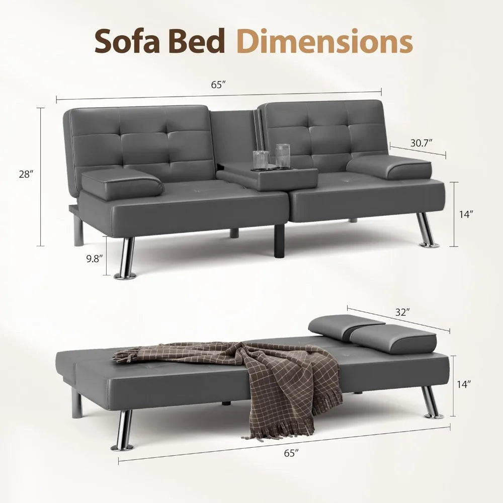Convertible folding faux leather upholstered two-seater sofa with removable armrests