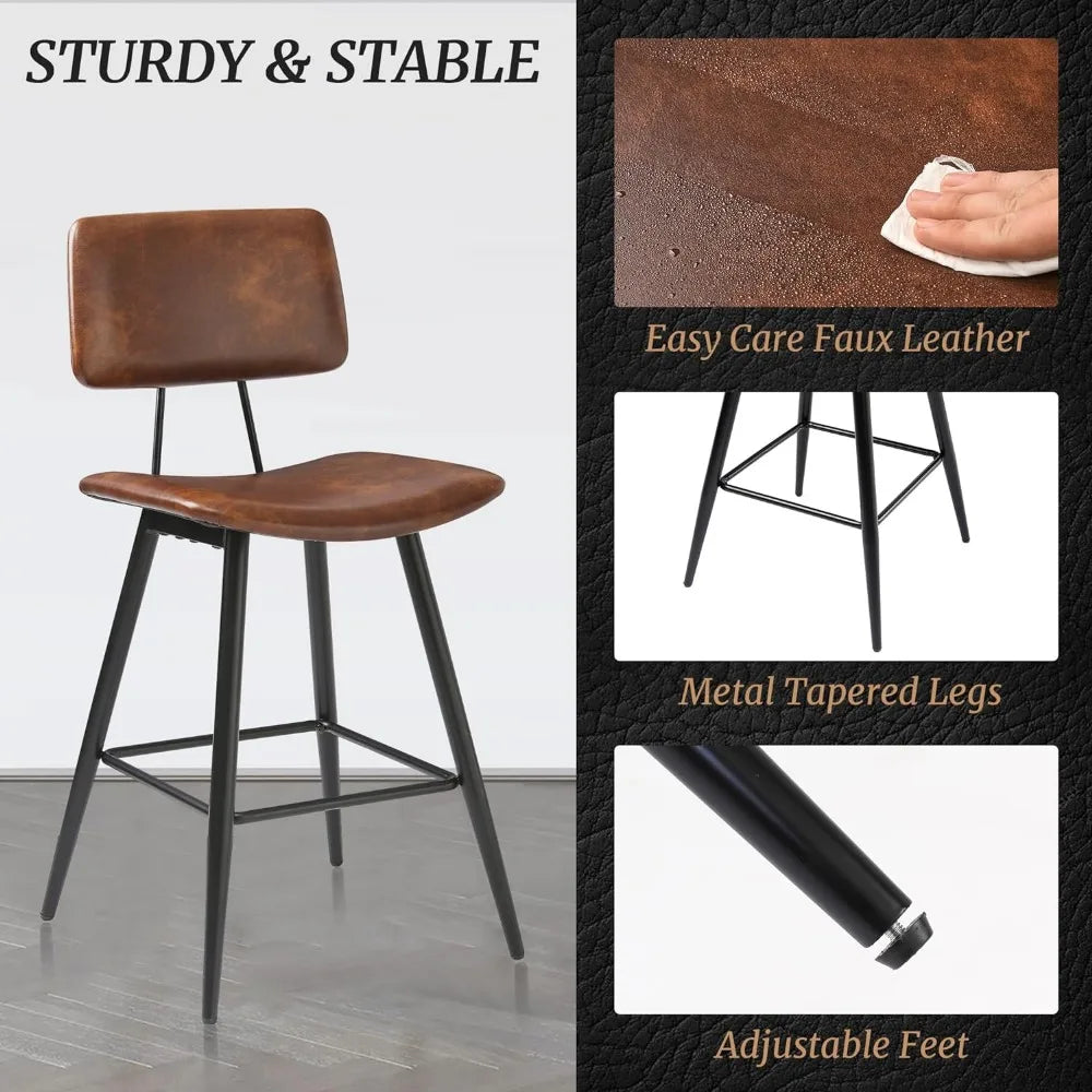 Bar stool 3-piece set, red brown faux leather padded bar stool