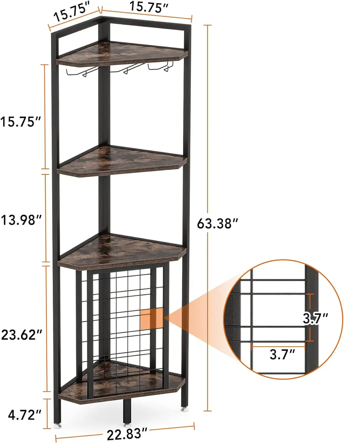 Corner Wine Rack with Glass Holder and Storage Shelves, 4 Tier Bar Corner Wine Cabinet, Industrial Wine Shelf for Living Room